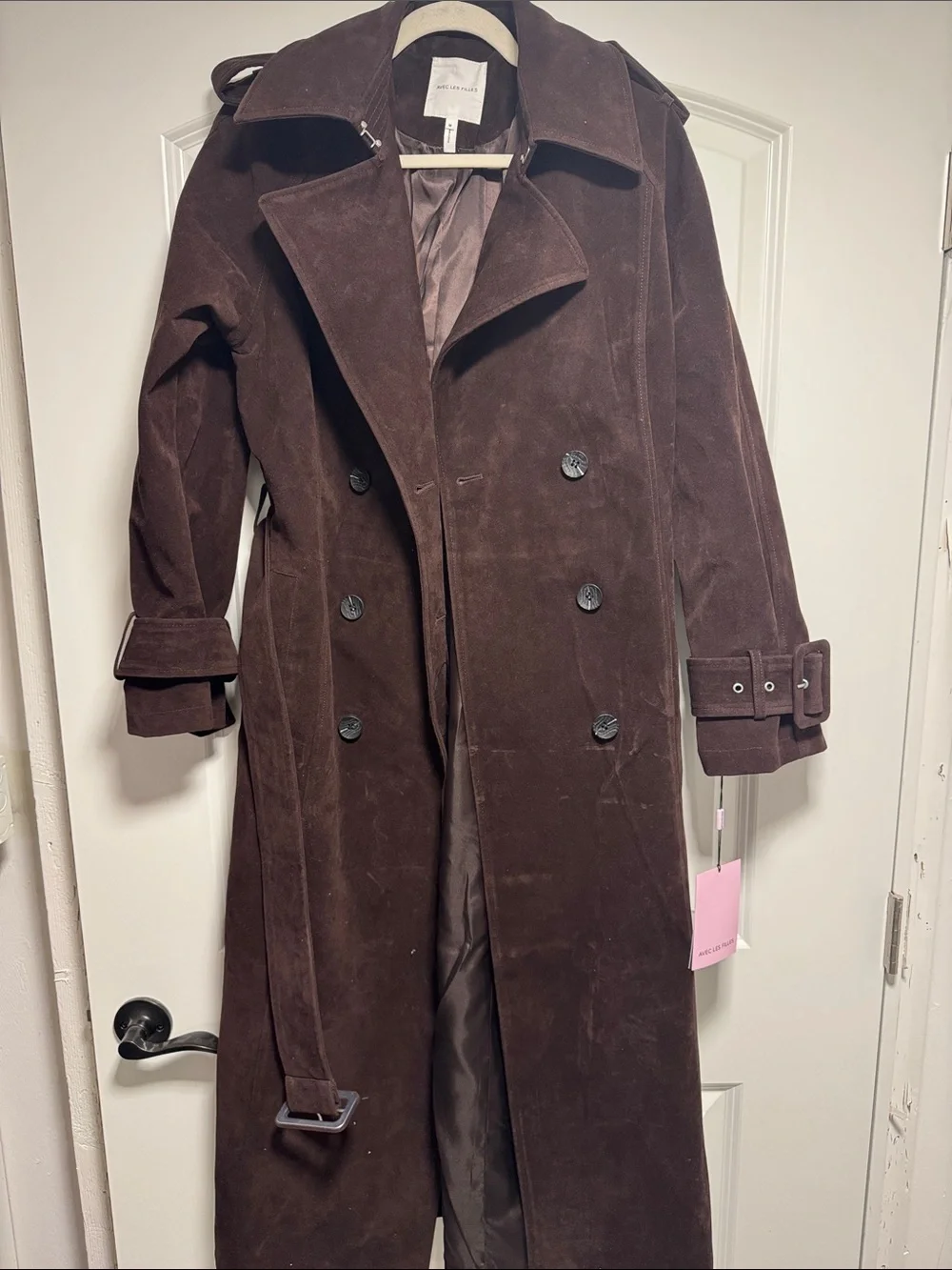 Avec Les Filles Brown Double-Breasted Suede Trench Coat - Picture 1 of 5